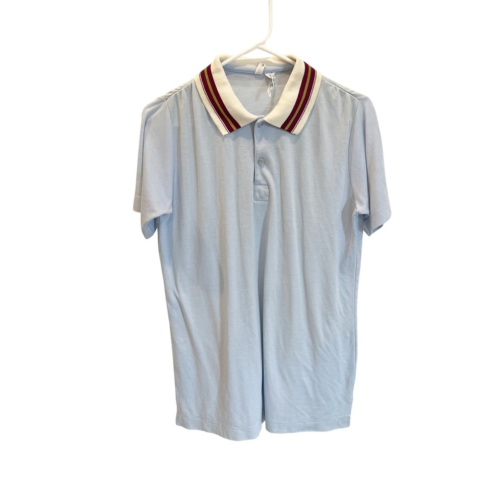 Vintage 70s Avon Mens Polo Shirt Light Blue Striped Collar Retro Size Large